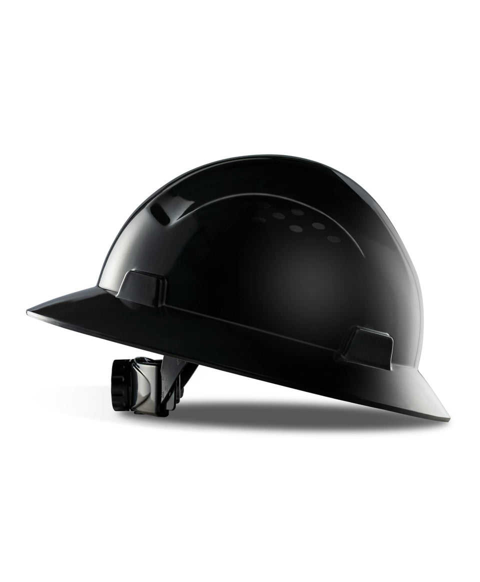 LANON Black Full Brim Hard Hat front view with secure fit for active job sites.