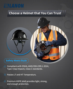 LANON Black Full Brim Hard Hat rear view highlighting adjustable suspension.