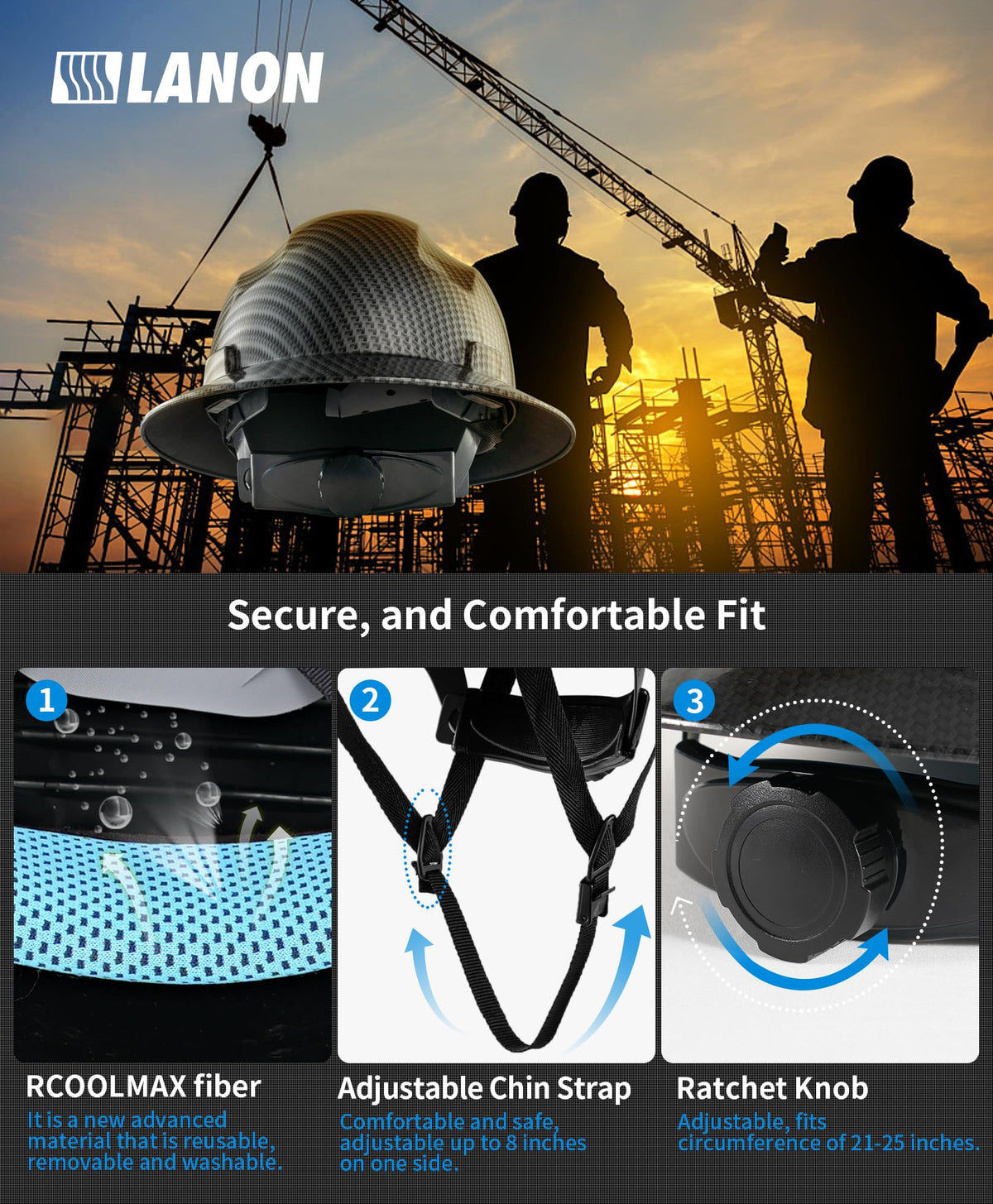 LANON carbon fiber texture design adds modern look while remaining safety compliant.