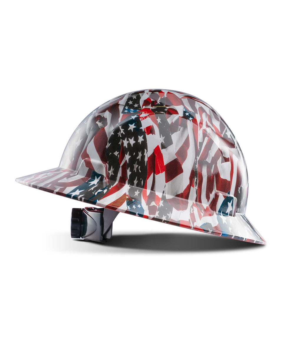 LANON Full Brim Hard Hat with American flag, front view for high visibility.