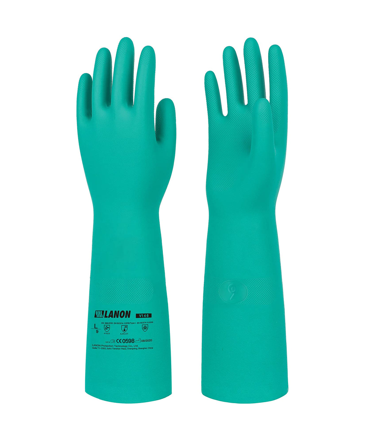 LANON nitrile gloves 18-inch long-sleeve for full wrist protection and splash resistance.