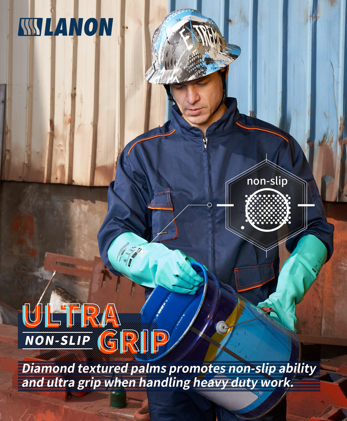 LANON nitrile gloves offer strong chemical resistance to acids and alkalis.