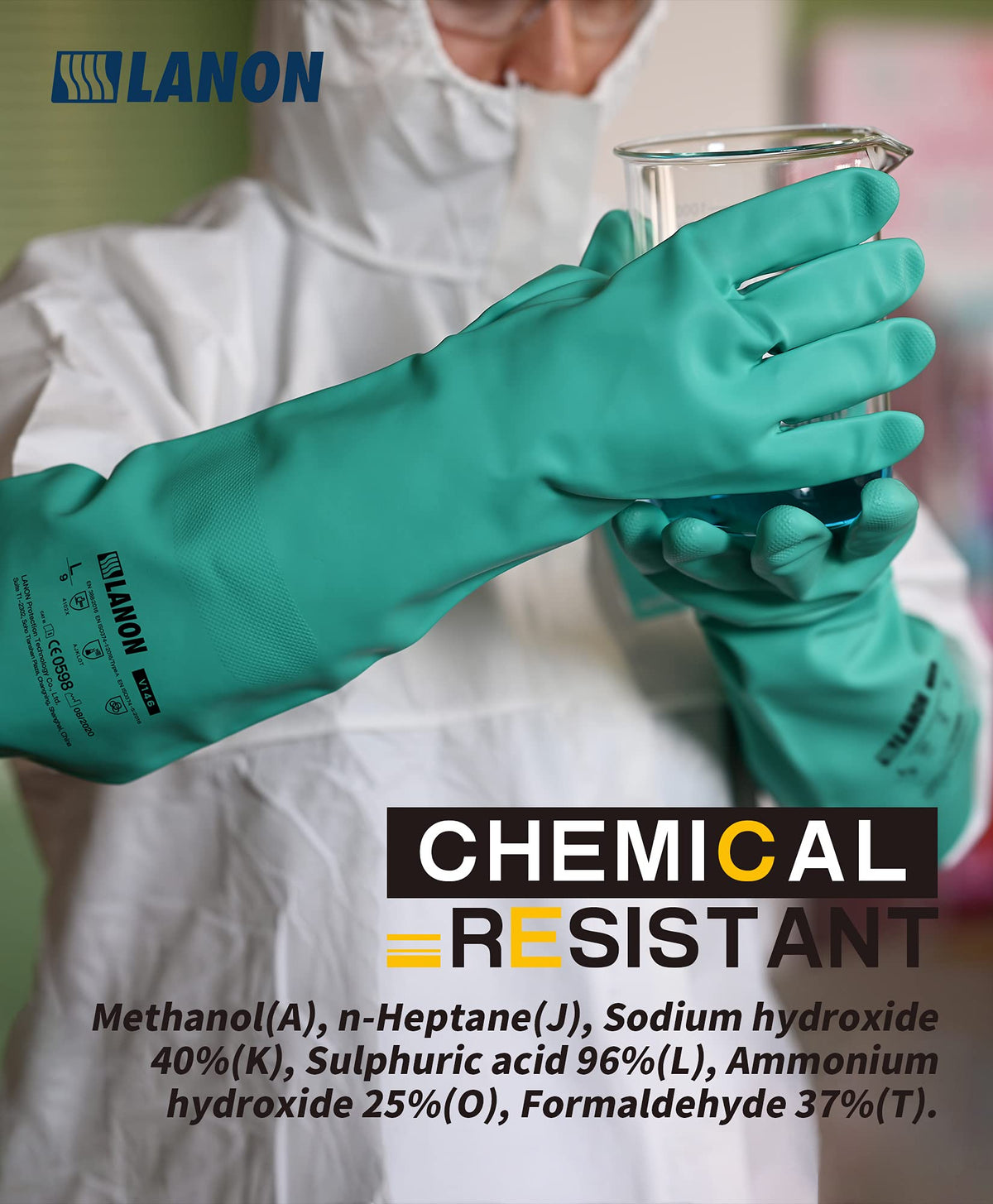 LANON nitrile gloves with non-slip palm for secure grip in wet or oily environments.
