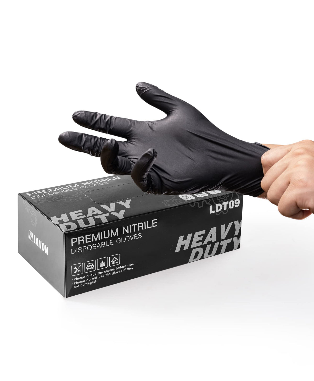 LANON Protection gloves packaging highlights heavy-duty design for demanding work environments.