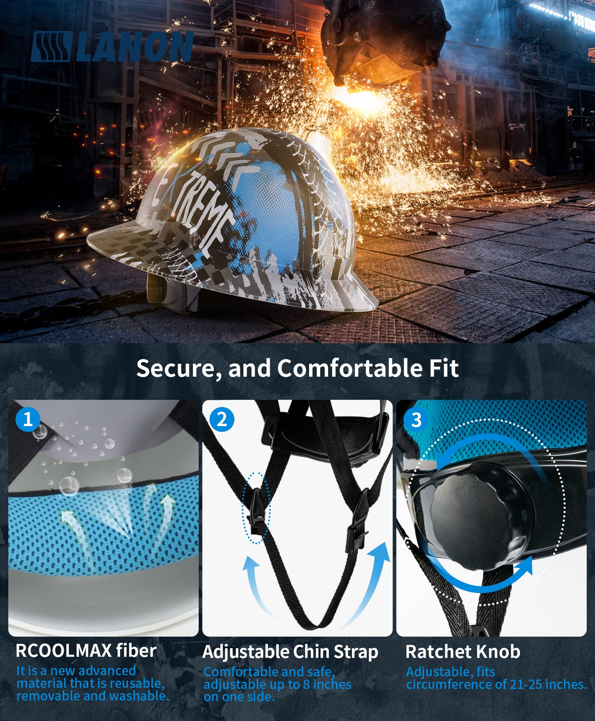 LANON Protection OSHA-approved hard hat demonstrates Type I Class C safety features