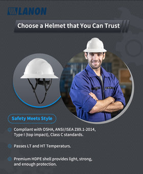LANON Protection white full brim hard hat top view highlighting durable HDPE shell.