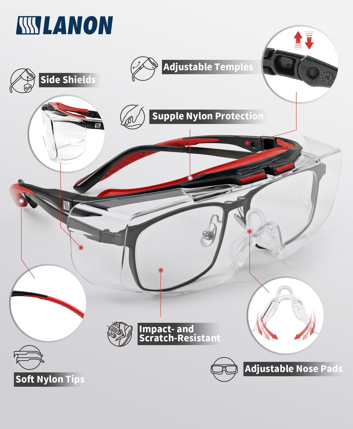 LANON Protection wraparound safety glasses with side shields for enhanced eye coverage.