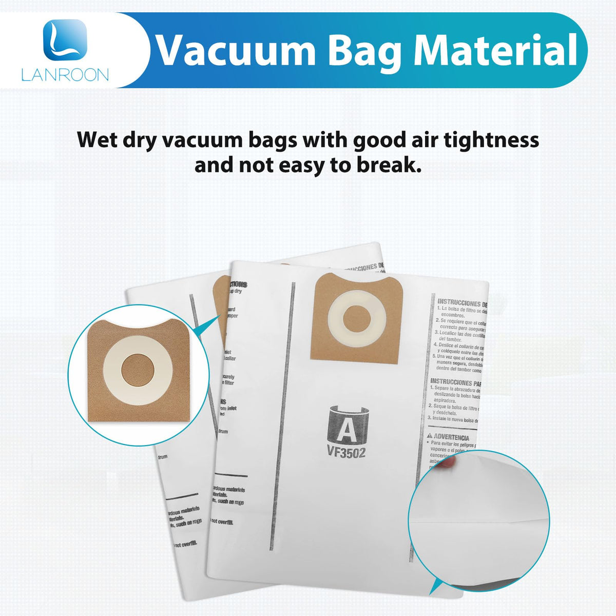 LANROON RIDGID-compatible VF3502 bags for versatile shop cleaning.