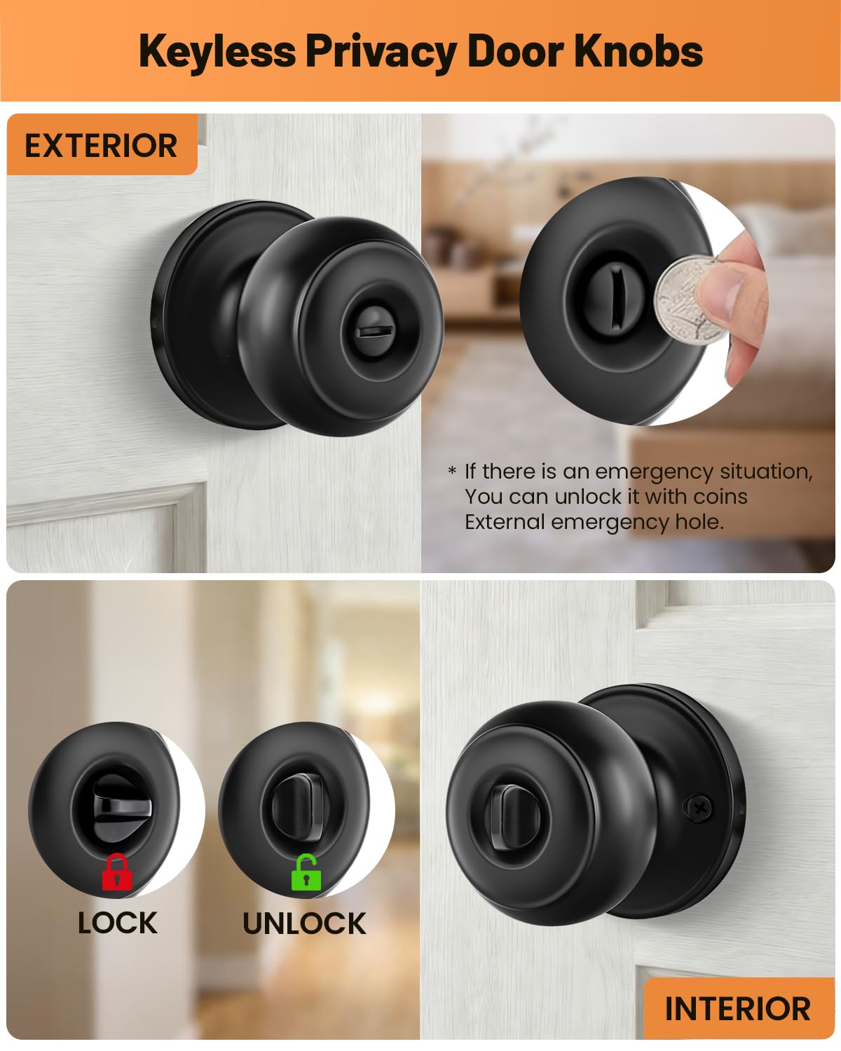 LANSTE black door knobs latching assembly—precise operation for privacy rooms