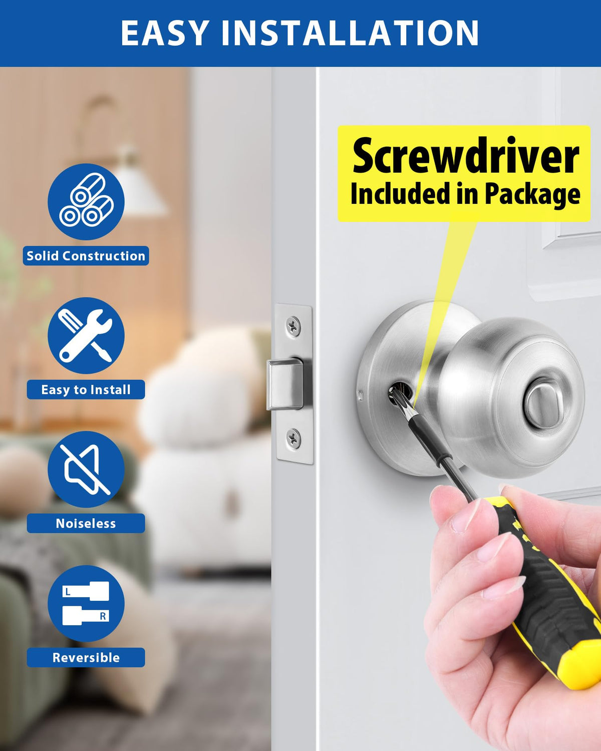 Lanwandeng satin-nickel entry door knob offers a modern finish.