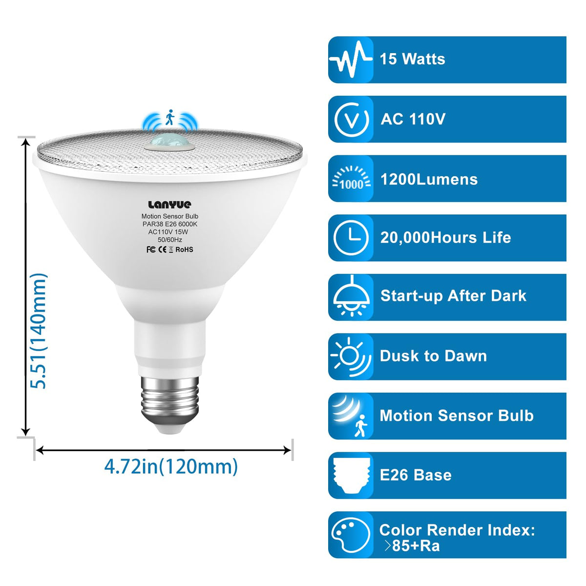 Lanyue sensor range 16–26 feet activates lights on motion.