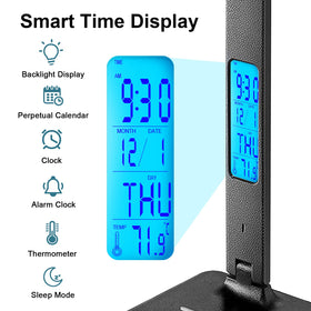 LAOPAO desk lamp LCD display shows time, date, and temperature