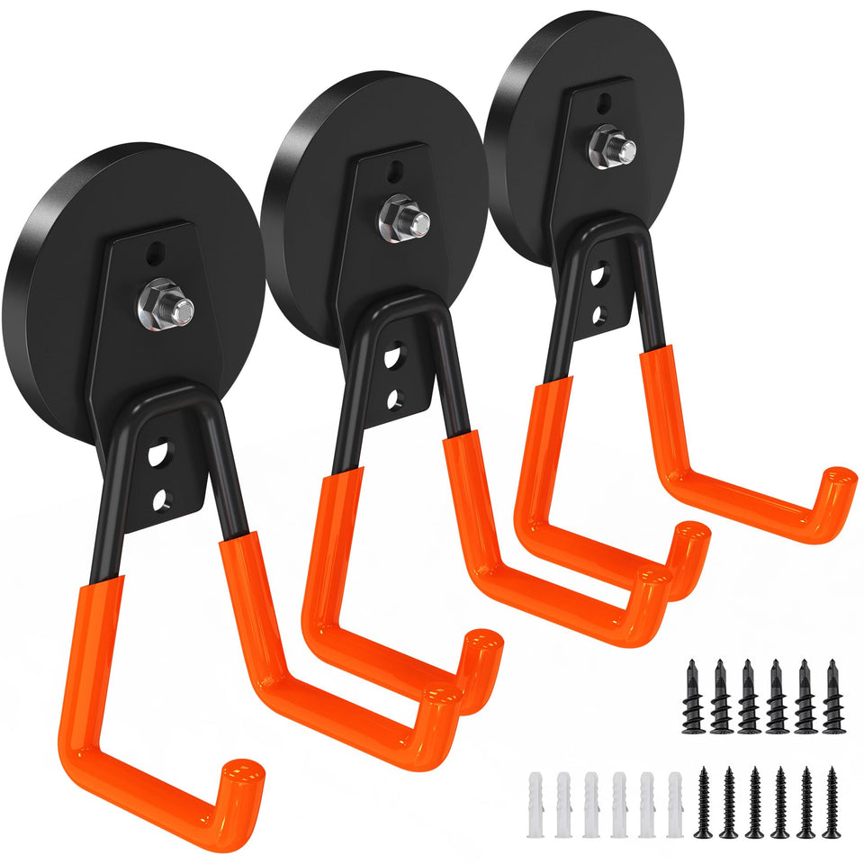 Laowu large magnetic hooks in a garage setup for organized tool storage.