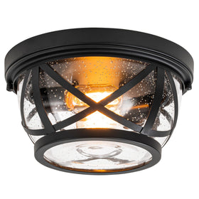Laplusbelle flush mount light with black finish and seeded glass for ambient entry illumination.