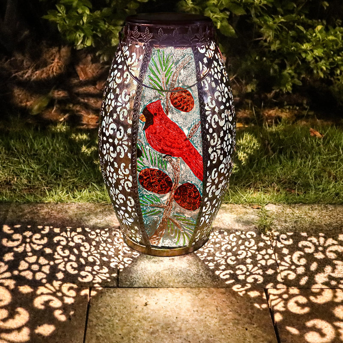 Larekook Cardinal Lantern with stained glass creates warm outdoor ambience