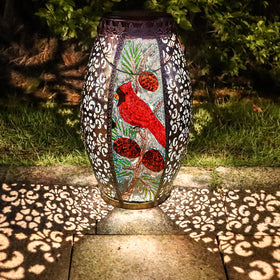 Larekook Cardinal Lantern with stained glass creates warm outdoor ambience