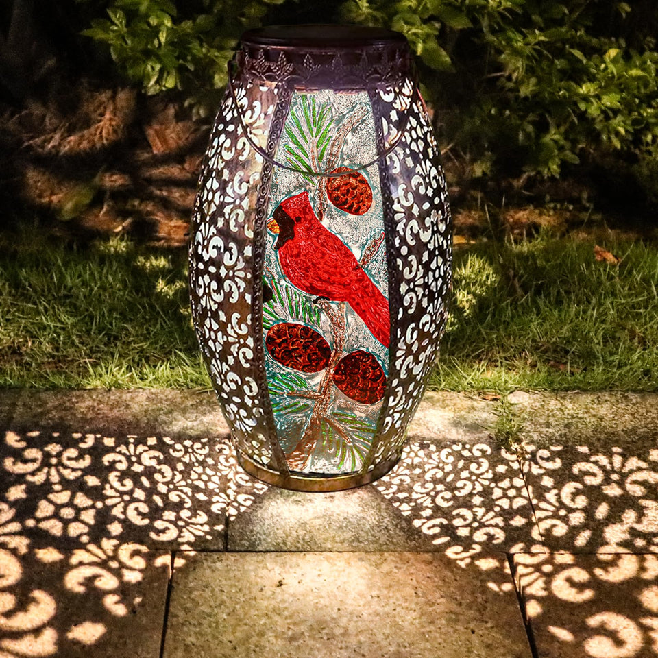 Larekook Cardinal Lantern with stained glass creates warm outdoor ambience
