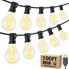 Larkvue 100ft LED outdoor string lights with bulbs for warm backyard ambiance