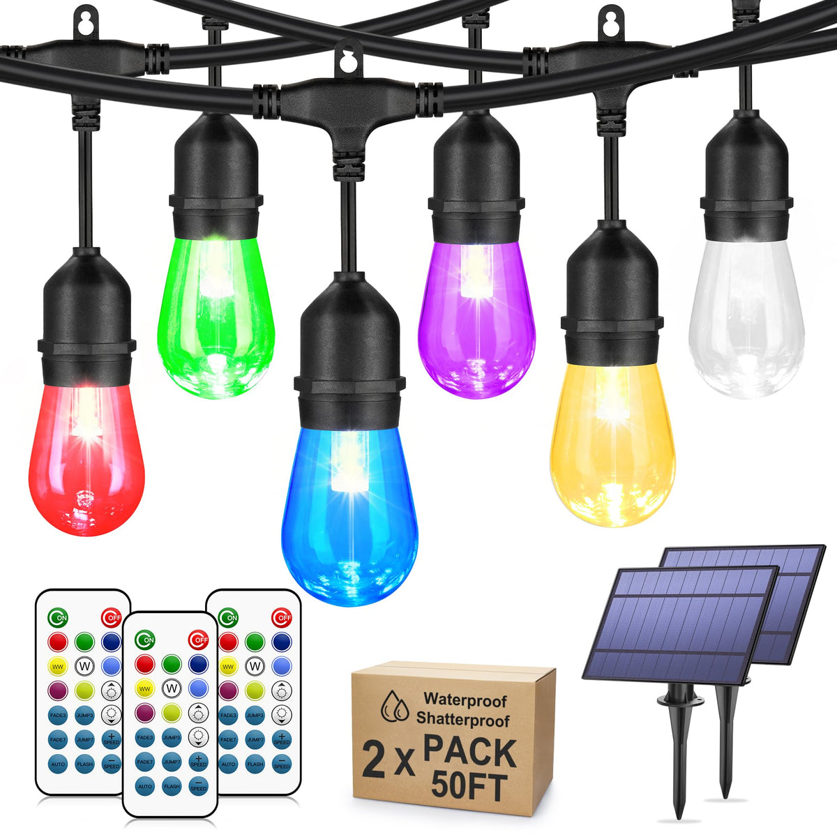 Larkvue 100ft RGB solar string lights outdoor illuminate patios with vibrant colors.