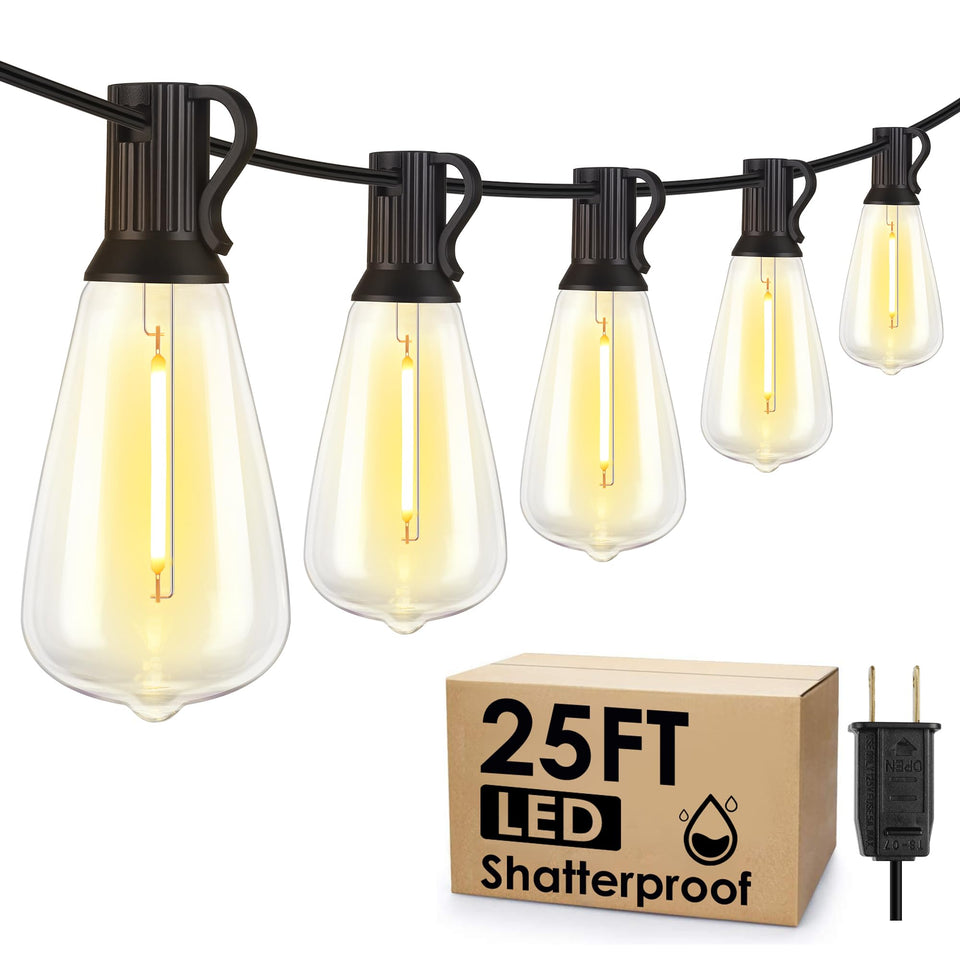 Larkvue 25ft outdoor string lights illuminate patios with a warm, inviting glow.