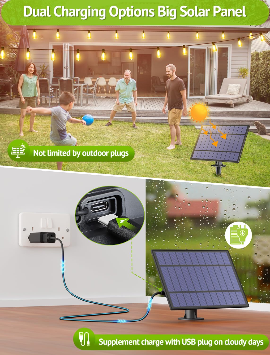 Larkvue dual solar and USB charging keeps lights powered on cloudy days