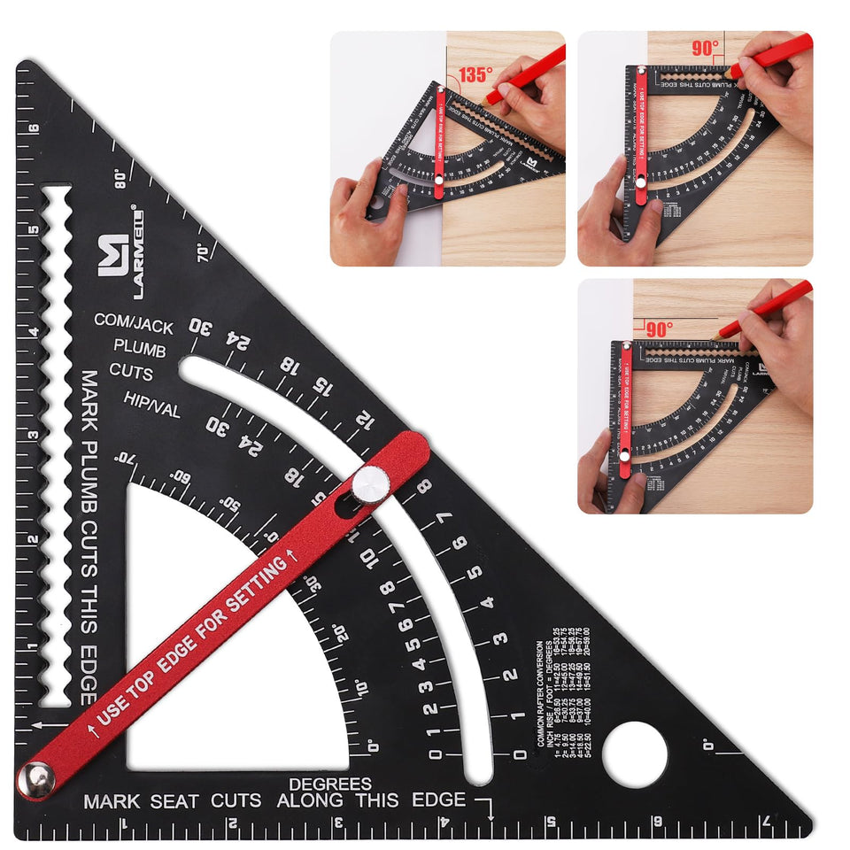 LARMEIL carpenter square 7inch front view shows precise laser-engraved scales for accurate marks