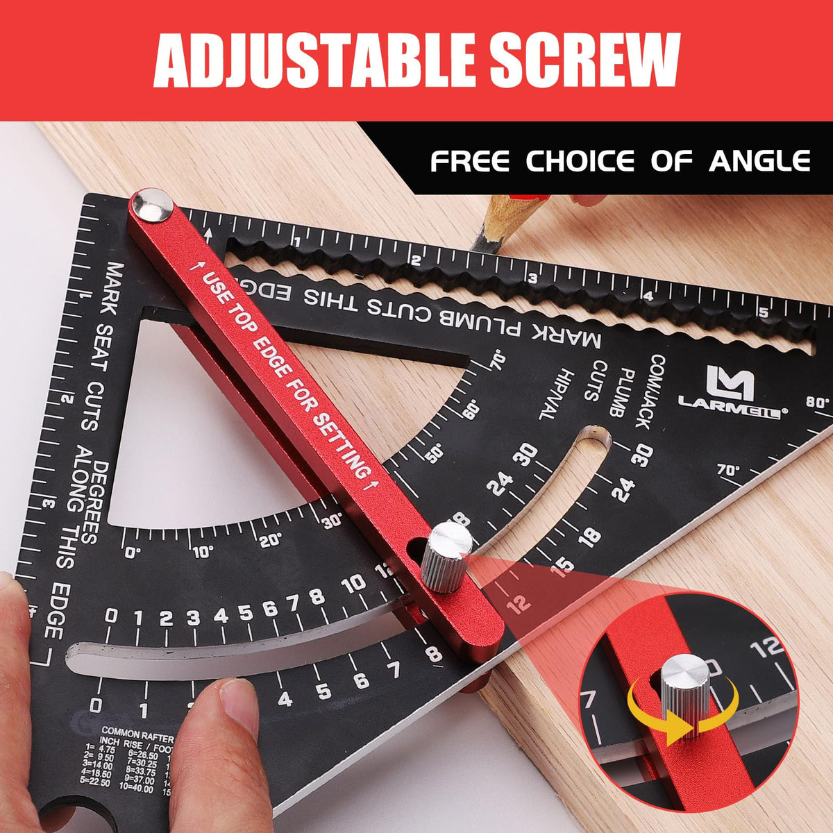 LARMEIL carpenter square 7inch movable red angle rod demonstrates precise angle positioning during setup