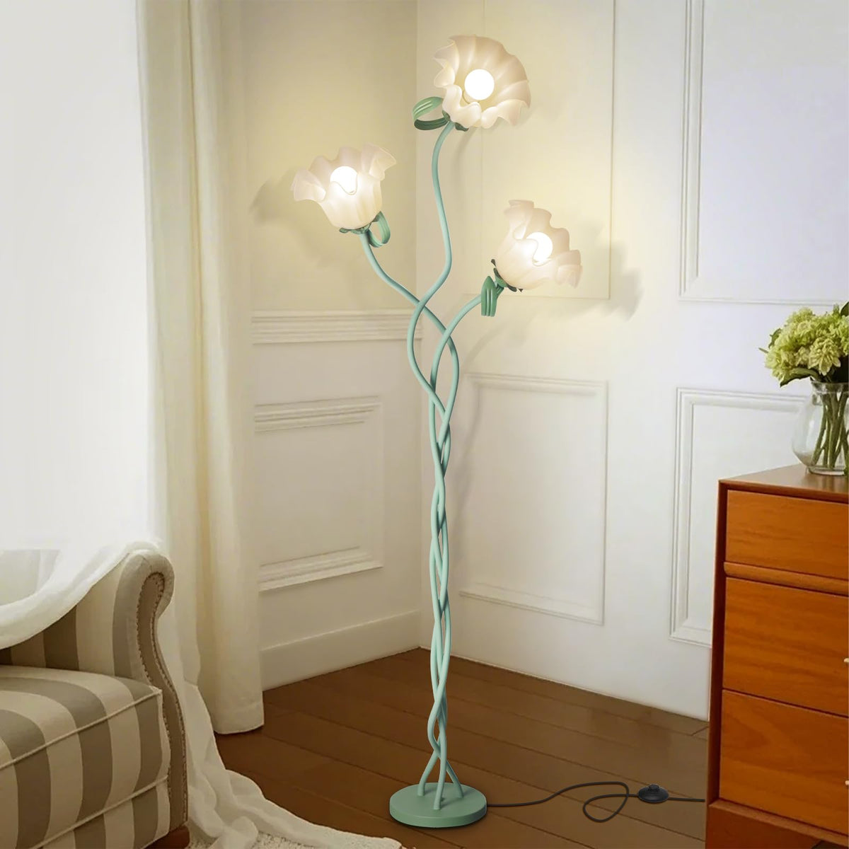 Larnix Flower Standing Lamp with green acrylic shades enhances ambient lighting in a living space