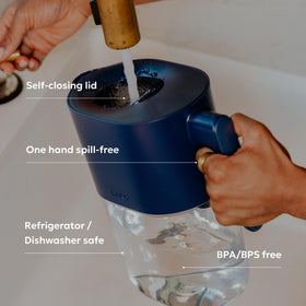 LARQ pitcher 1.9L capacity on kitchen counter for family hydration.