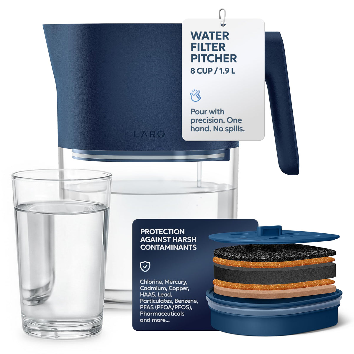 LARQ water filter pitcher front view in Monaco Blue for quick hydration.