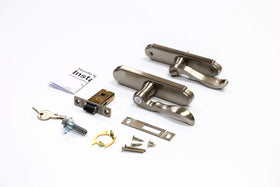 Larson M2 brushed nickel exterior deadbolt for keyed access.