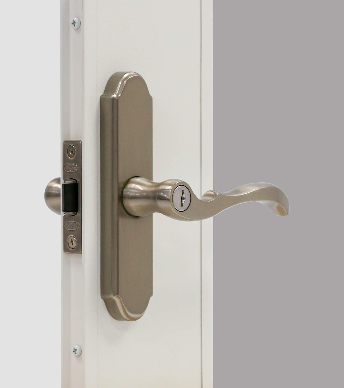 Larson M2 brushed nickel exterior handle for weather-resistant storm doors.