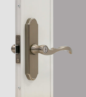 Larson M2 brushed nickel exterior handle for weather-resistant storm doors.