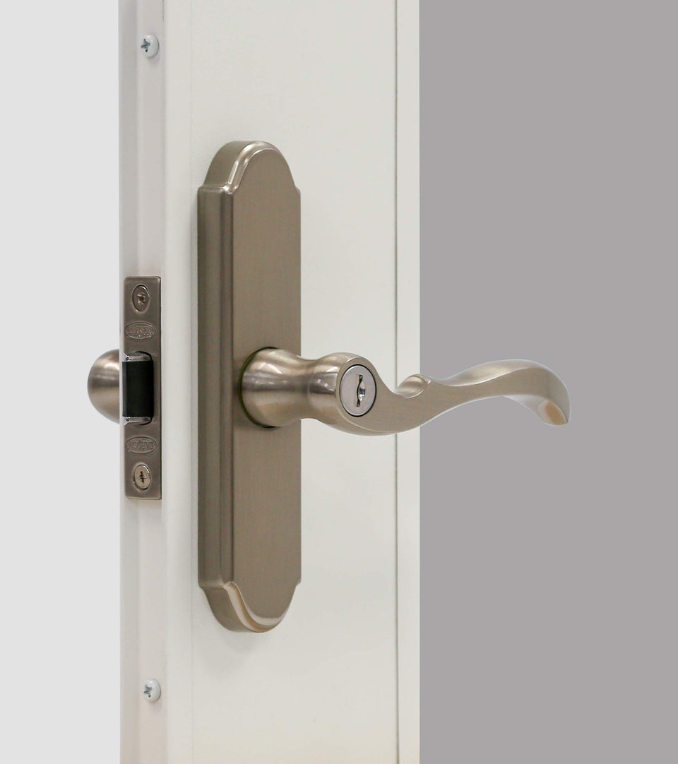 Larson M2 brushed nickel exterior handle for weather-resistant storm doors.