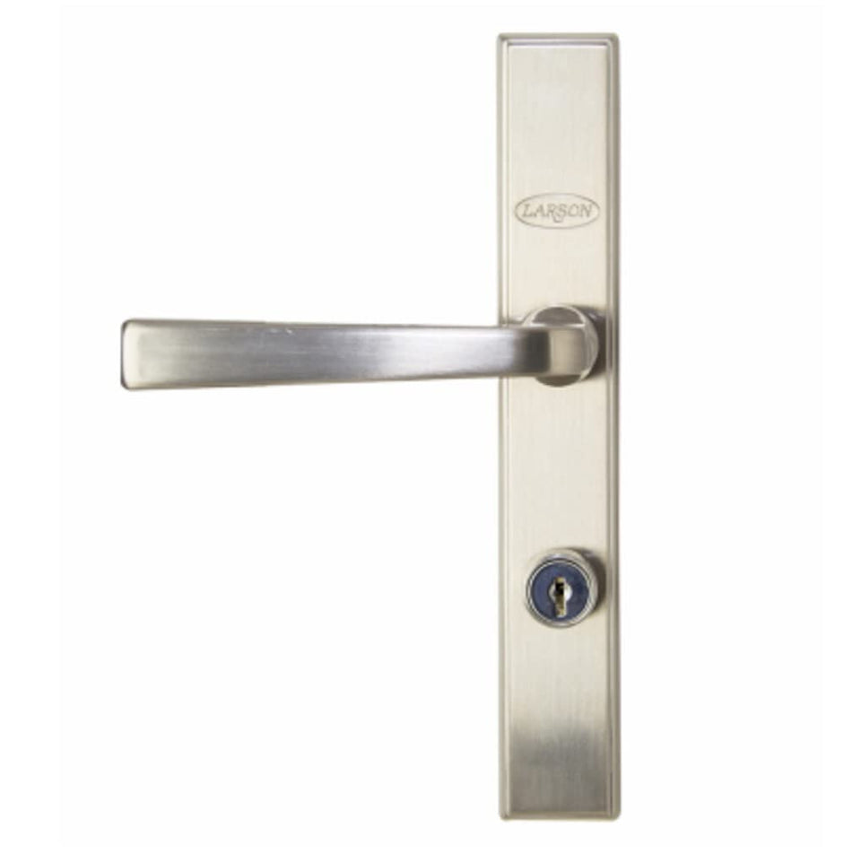 Larson Quick Fit straight handle set in brushed nickel for cohesive interior and exterior door styling.