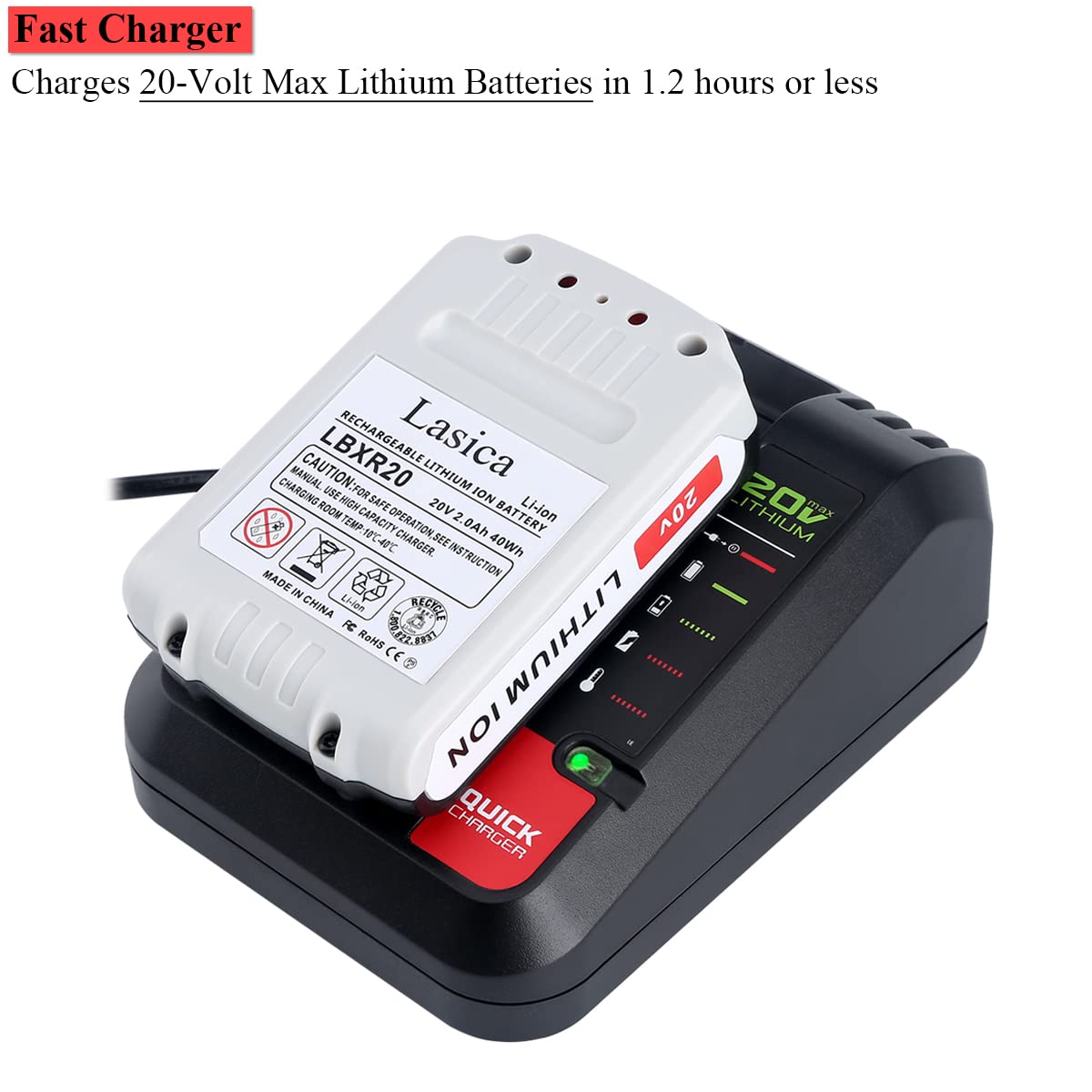 Lasica charger demonstrates Black & Decker 20V MAX compatibility on a bench setup.