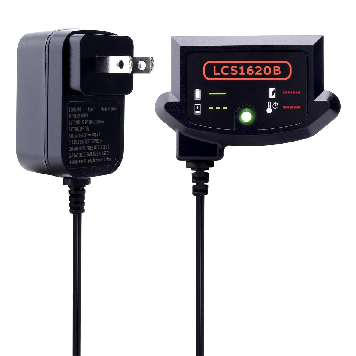 Lasica LCS1620B charger front view with compact design for Black & Decker batteries.