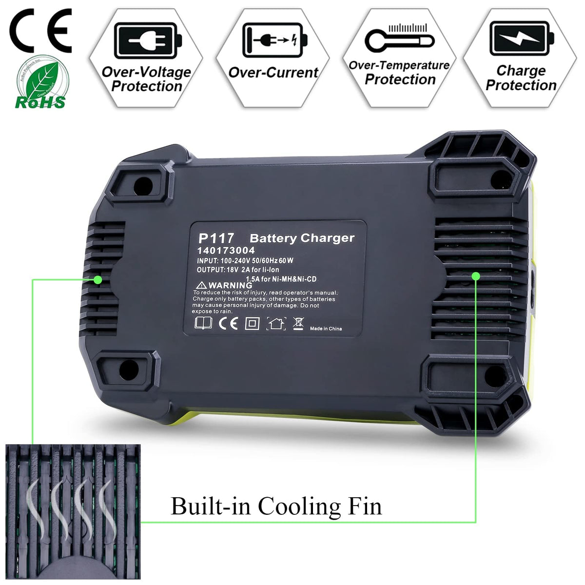 Lasica P117 charger safety labeling confirms CE, FCC, ROHS compliance.