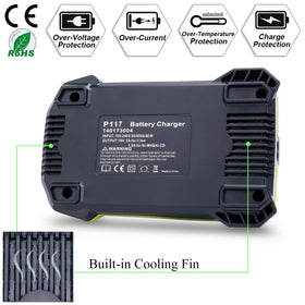 Lasica P117 charger safety labeling confirms CE, FCC, ROHS compliance.