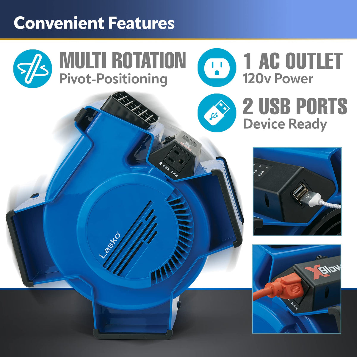 Lasko X-Blower USB ports power devices while cooling.