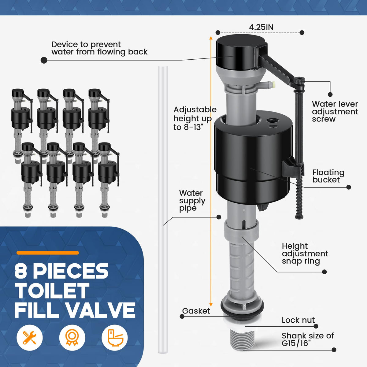Lasnten adjustable-height fill valve fits 8–13 inches for wide compatibility.