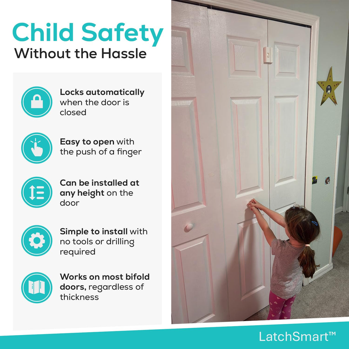 LatchSmart Bifold Lock 2-pack installation step demonstrates tool-free setup.