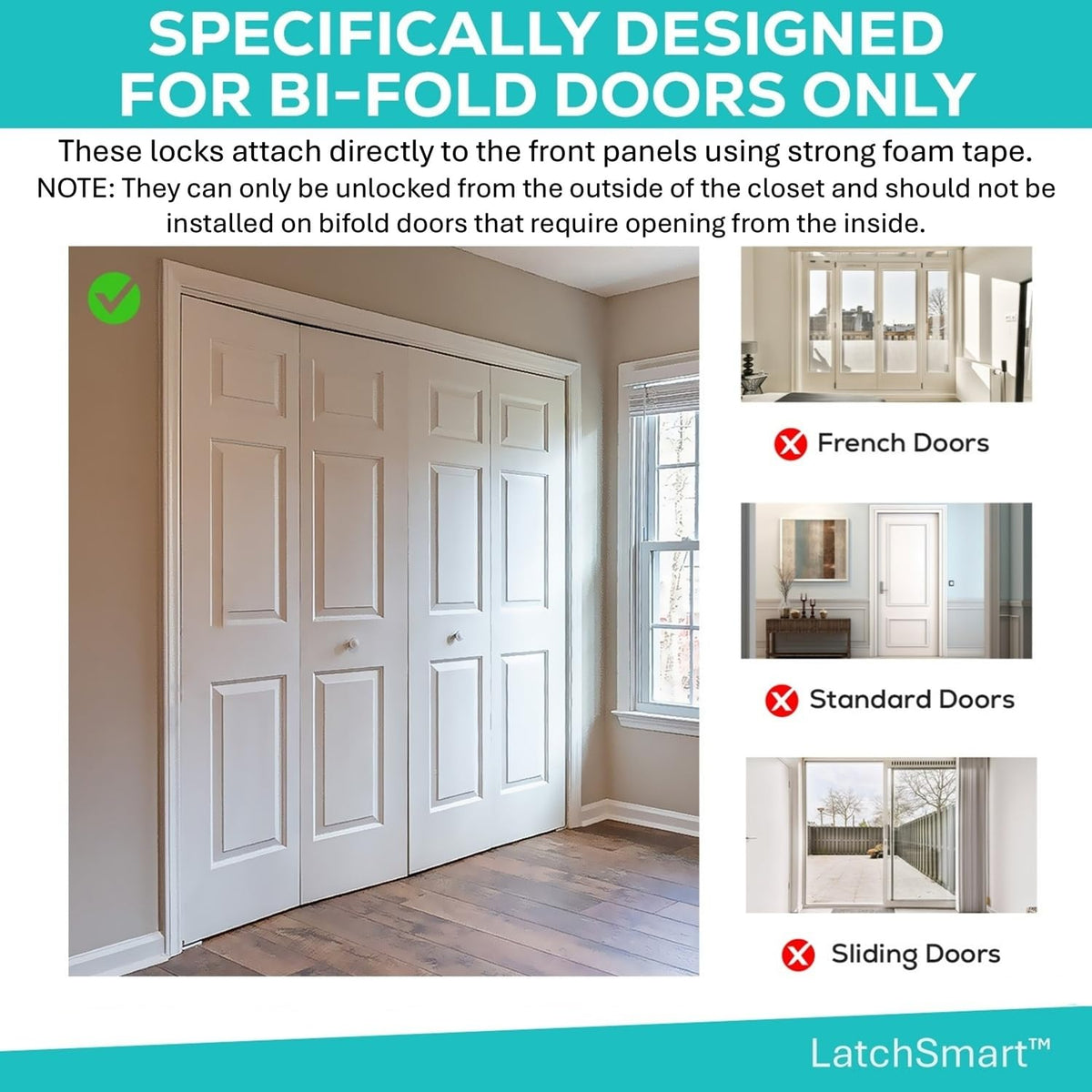 LatchSmart Bifold Lock safety design closeup highlights child-safe pinch prevention.