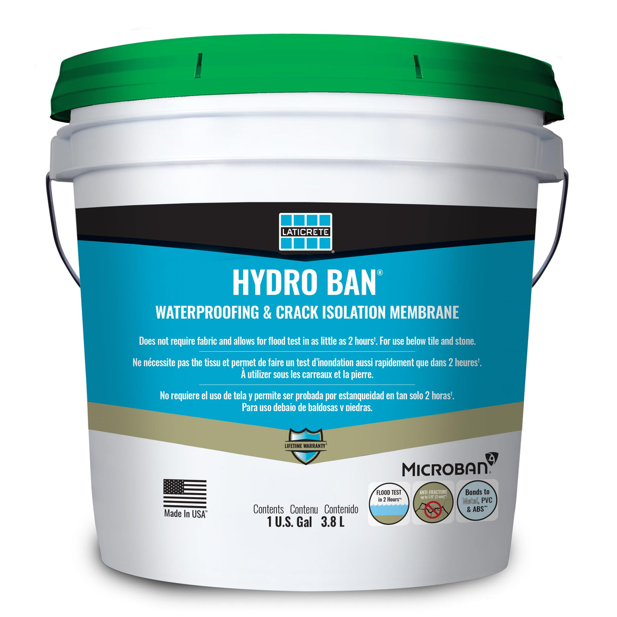 LATICRETE Hydro BAN 1 gal pail showing seamless waterproofing for crack isolation.