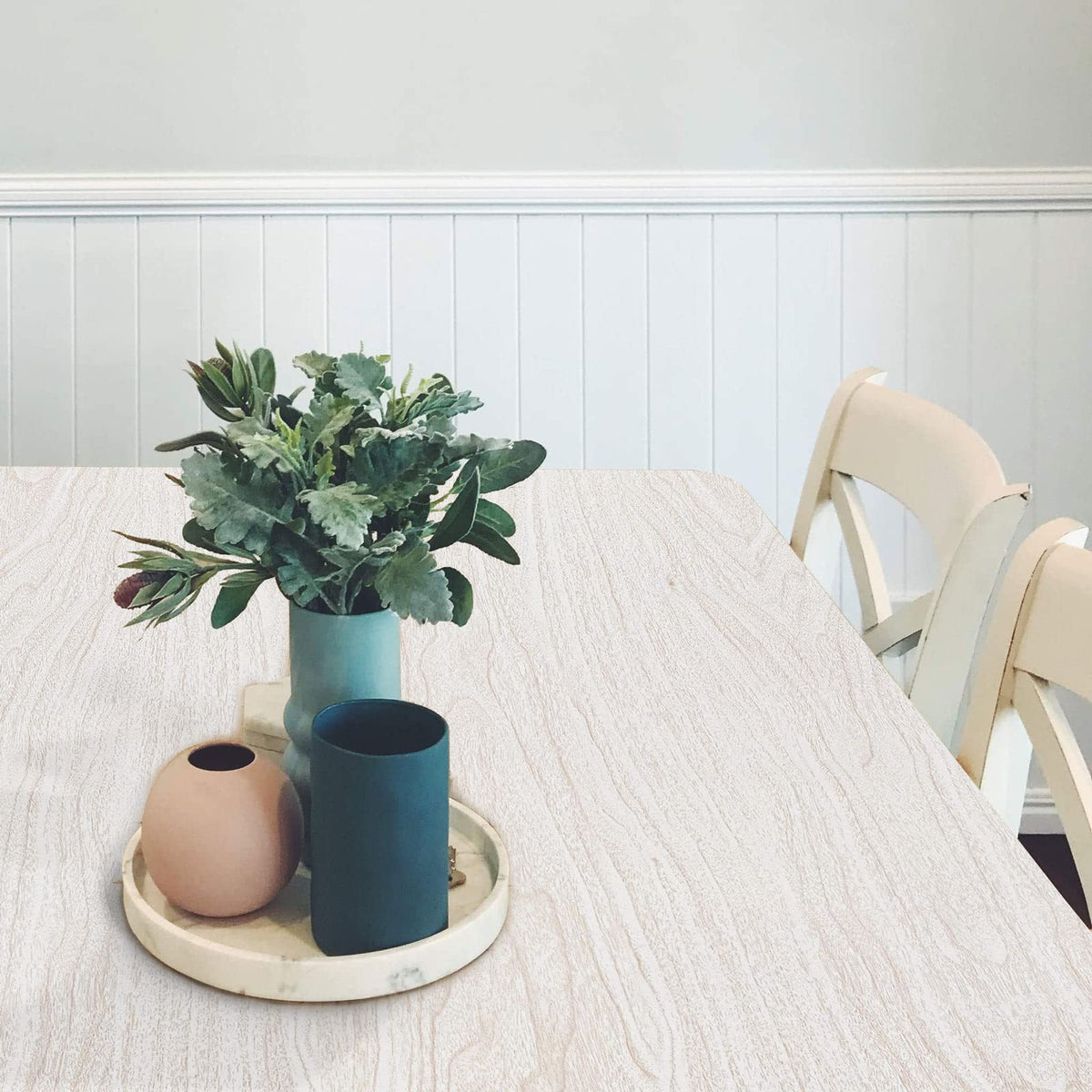 Lativo white wood wallpaper, removable without damage to underlying surfaces.