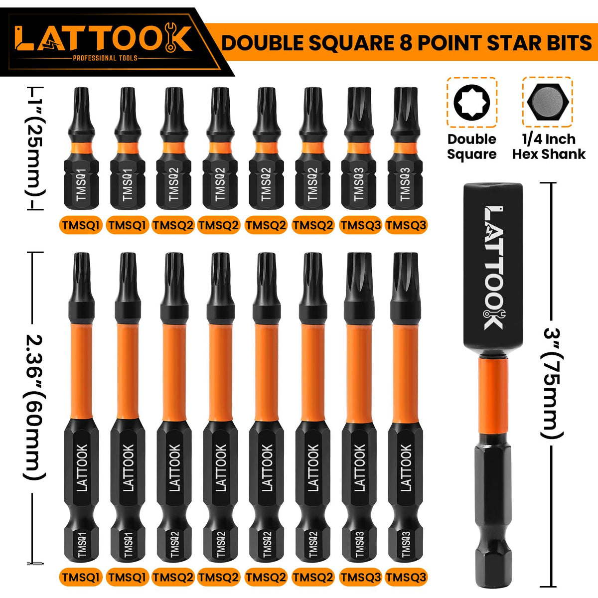 LATTOOK double-square 8-point star bits set with 1-inch length for compact installations.