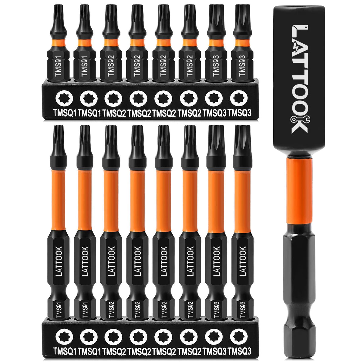 LATTOOK double-square 8-point star bits set with 23-inch length for high-torque tasks.