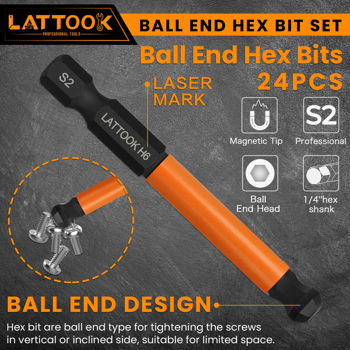 LATTOOK S2 steel ball end bits deliver durable, rust-resistant performance