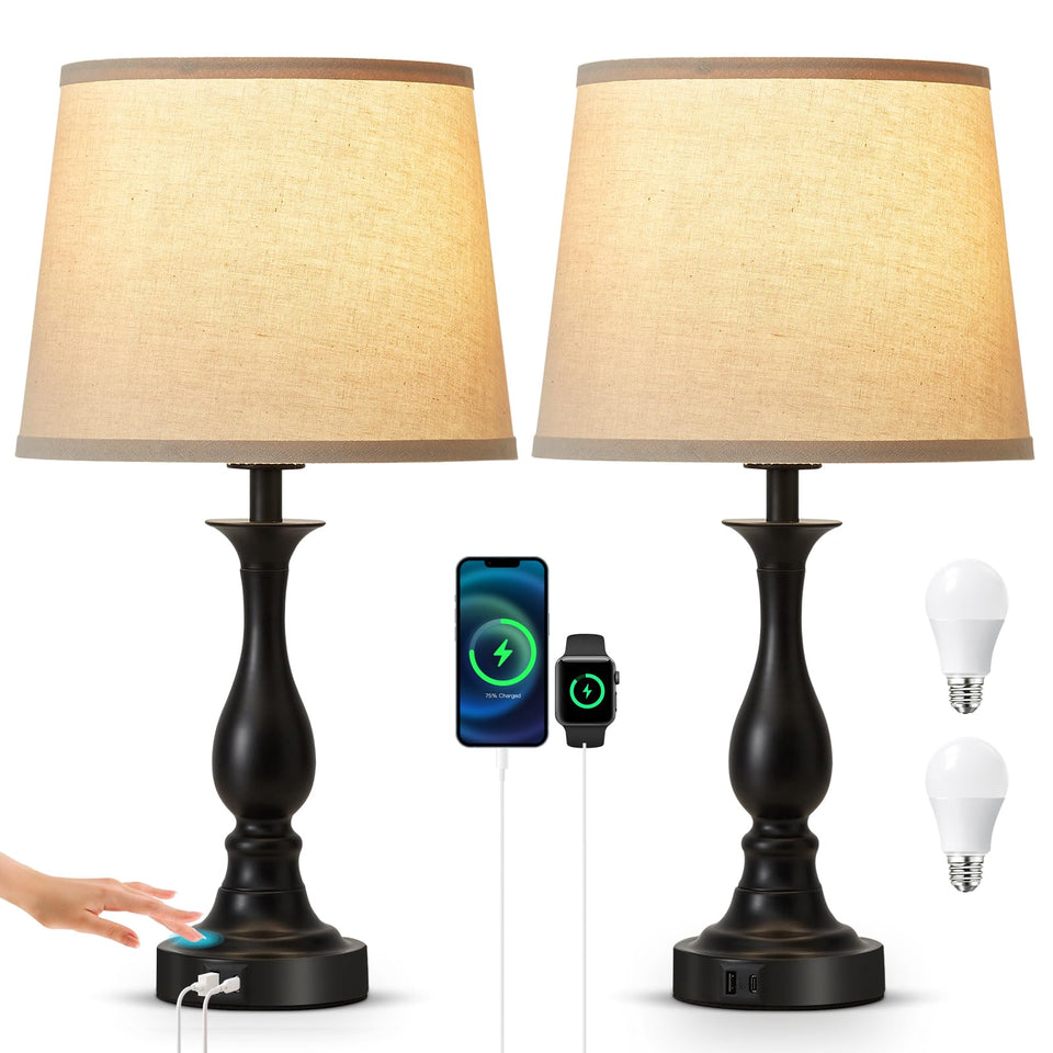 Lauag bedside lamp with touch control on a metal base for quick brightness adjust.