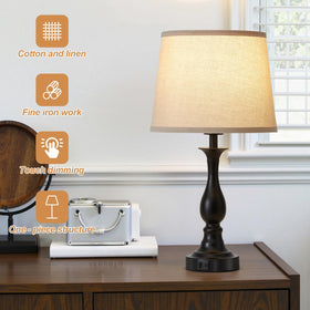 Lauag lamp featuring brushed nickel base pairs with linen shade for a timeless look.